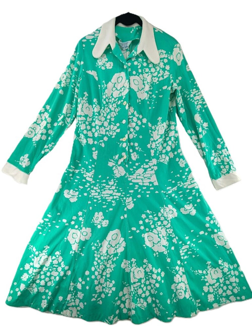 VTG 60s 70s Sears Fashions Dress Womens Sz L Floral Mint Green Buttons Secretary